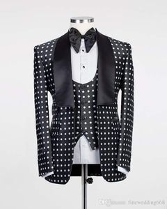 Noir Dots Groom Tuxedos Châle Revers Slim Fit Garçons D'honneur Hommes Robe De Mariée De Mode Homme Veste Blazer Costume D'affaires (Veste + Pantalon + Gilet + Cravate) 688