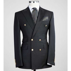 Zwart Double Breasted Slim Fit Mannen Past voor Wedding Prom PeaTed Revers 2 Stuk Formele Bruidegom Tuxedo Man Set Jacket met Broek X0909