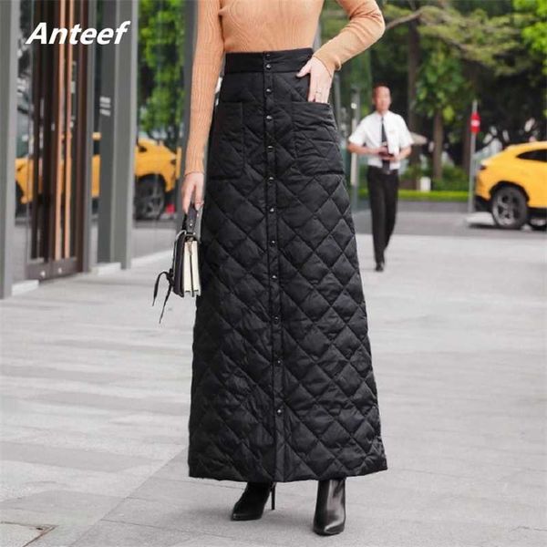 Black Down Coton Vintage Taille Haute Vêtements Automne Hiver Casual Maxi Longues Jupes Femmes Jupe Femmes Streetwear 211120