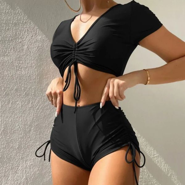 Black Sweetwear Bikinis Set Mujer 2024 Crop Top Shorts Bottomsuit Femme Sexy Bathing Fissure Beachwear Bikini Swim 240412