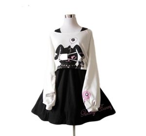 Robe noire pour adolescentes, 2 pièces, costume en coton doux, courte, mignonne, imprimée, manches longues, japonaise, Lolita6856342