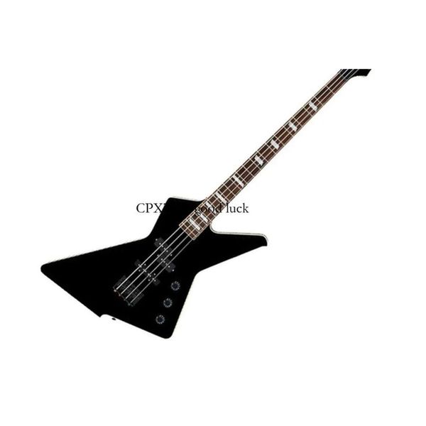 Guitare basse électrique noire DTB B Destroyer, formes de corps distinctives, touche en palissandre liée avec incrustation de bloc blanc, frettes moyennes