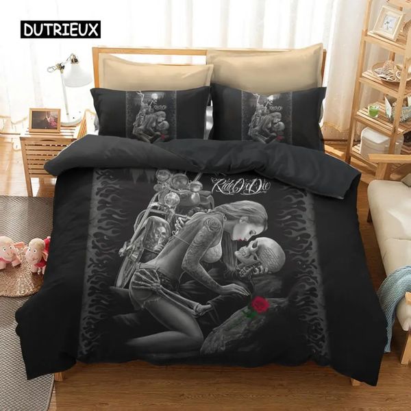 Housse de couette noire, ensemble de literie avec squelette humain, crâne d'horreur, moto et beauté, housse de couette simple, Double, Queen, King Size, décor 240306