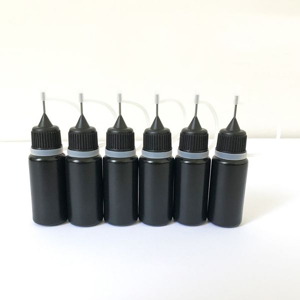 Botella de aguja líquida E negra, 10ml, 30ml, aceite, plástico, PE, cuentagotas de jugo suave con relleno de aguja de Metal con agujero de alfiler, tapas coloridas