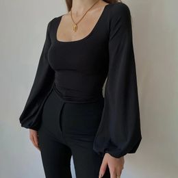 Black Elegant Blouse for Women Casual Top Allmatch Lantern Camisa de manga larga Collar Slim Solid Tshirt 240523