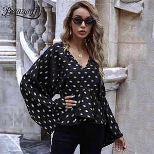 Negro Elegante Fiesta Bronceado Peplum Tops Mujeres Otoño Invierno Con cuello en V Manga larga Highstreet Mujeres y blusas 210510