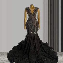 Robe de bal sirène noire élégante, perles à paillettes, Sexy, maille transparente, fleurs faites à la main, robes de fête d'anniversaire pour filles noires, 2024