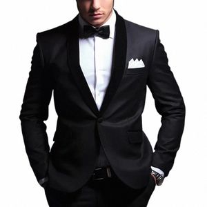 Zwarte Elegante Sjaal Revers Mannen Pakken Nieuwe Fi Knappe Gentleman Formele Bruiloft Prom Mannelijke Pak Slanke 2 Stuk 10F9 #