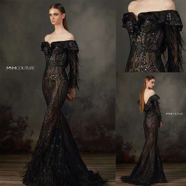 Robe de bal noire élégante sirène à manches longues sur l'épaule Applique cristal plume dentelle robe de soirée grande taille balayage train robes de soirée￩e