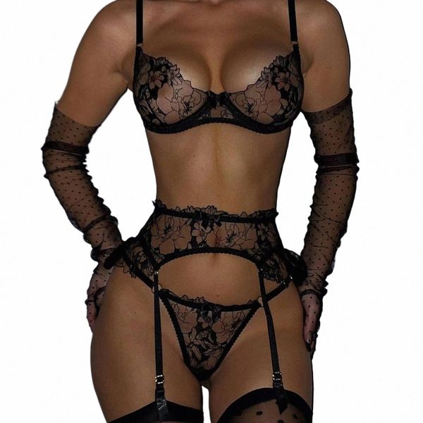 Ensemble de sous-vêtements transparents brodés noirs Femme sexy Lingerie érotique Broderie Voir à travers le soutien-gorge avec jarretières Ensembles brefs Bow z9EH #