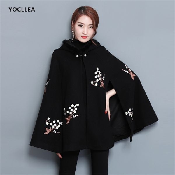 Ponchos con capucha bordados en negro para mujer, abrigos de lana de tamaño Doulbe Vintage Otoño Invierno, Ponchos con cuello de piel para mujer 201210