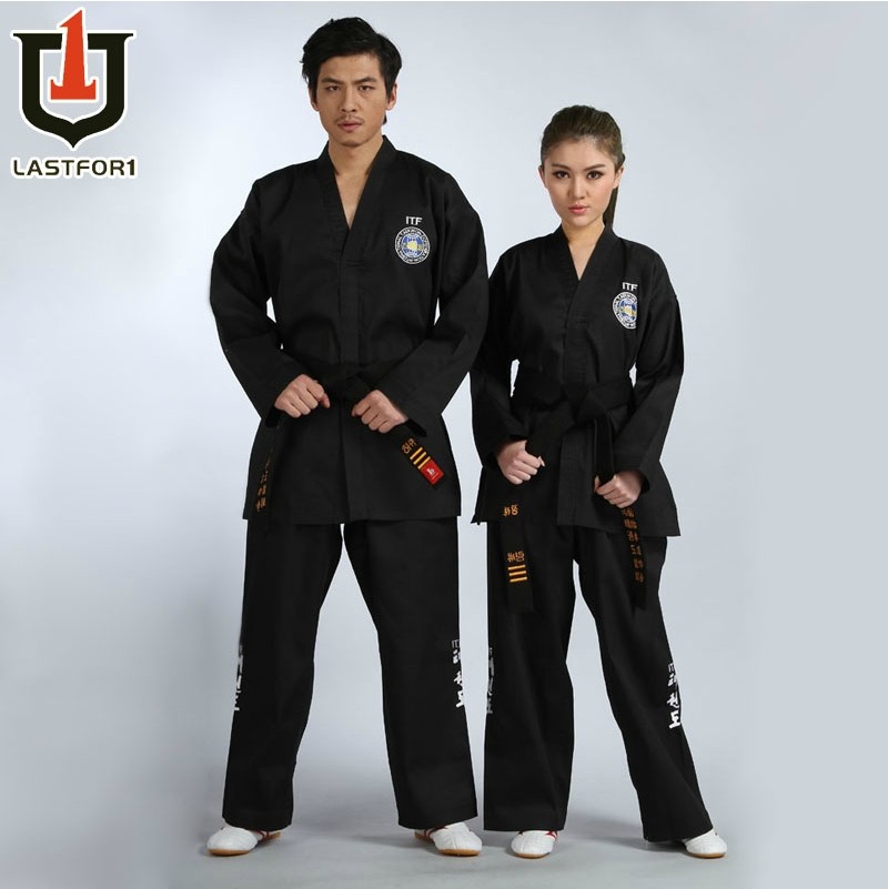 Bordado preto ITF Taekwondo Set Pants and Coat Roupas Lindas uniformes de treinamento de karatê