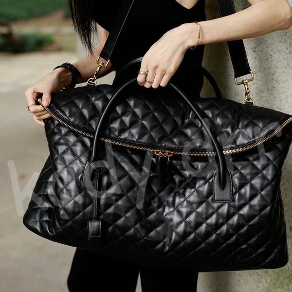 Black Es Bolsa de viaje gigante Cuero acolchado Mujer Hombre Diseñador Maxi Bolso flexible Herrajes de metal Cierre de cremallera de cuerpo cruzado Bolsas de lona Estuche de gran capacidad