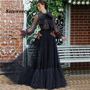 Zwarte Avondjurken 3D Bloemen Feestjurk Dot Chiffon Puff Sleeves Formal Prom Dress Vestido de Festa