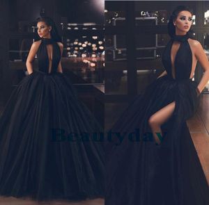 Zwarte avondjurken voor vrouwen dragen prom jurk halter backless Midden-Oosten Dubai Caftan Pockets Arabische feestjes High Split Tule Pleats
