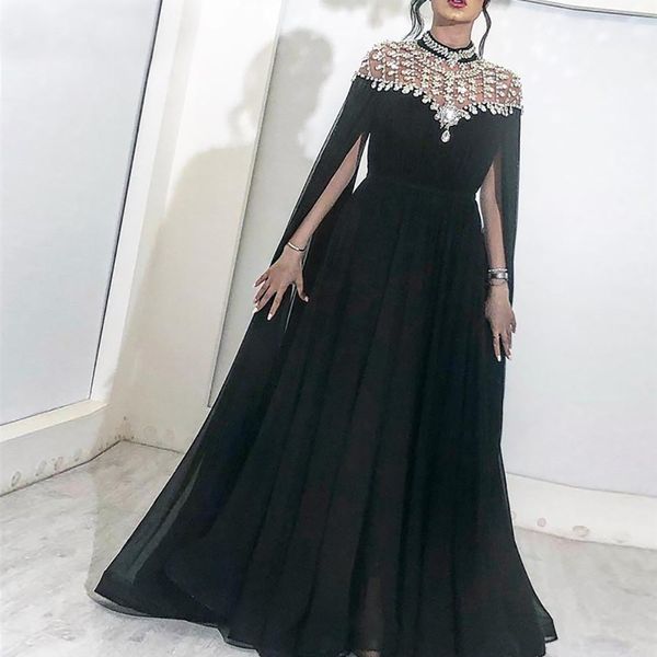 Robes de soirée noires col haut cape cristaux en mousseline de soie dubaï kftan saoudien arabe longue robe de soirée robe de bal