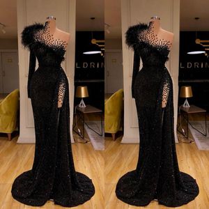 Zwarte avondjurken High Neck Side Split Split lange mouw zeemeermin prom jurk veer kralen sexy speciale gelegenheid jurken vestidos de novia