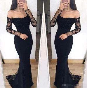 Zwarte avondjurken sexy van de schouder zeemeermin kant chiffon plus size sweep trein op maat gemaakte prom feestjurk formele gelegenheidslijtage