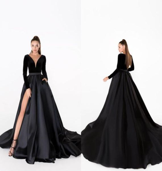 Vestidos de noche negros Terciopelo con cuello en V Una línea de tren de barrido Falda de satén Vestido de fiesta barato de manga larga Ocasión formal dividida alta sexy Go6374630