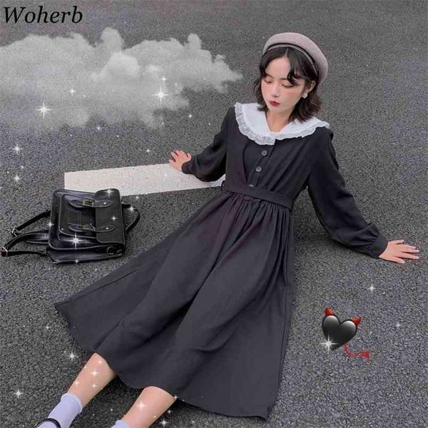 Robe de mode noire coréenne Vintage taille mince à manches longues robes femmes col claudine à lacets Vestidos 25383 210519