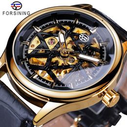 Noir mode doré Forsining rétro cadran Seleton horloge mâle mains lumineuses hommes montres mécaniques haut de gamme de luxe