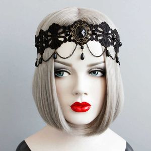 Black Fashion Queen Headband Personality Lace Headbands met Pearls Chain Tassel Halloween Ladies Elastische haaraccessoires