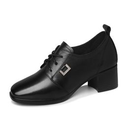Black Fashionable Comfort Top Layer Cow Hide Square Head Single Shoe Single Shoe-Up Couleur Couleur Solide Chaussures Plat chaussures