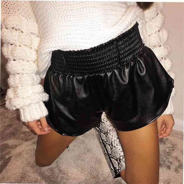 Schwarze Kunstleder Biker Shorts Frauen elastische hohe Taille breites Bein Mode Herbst Casual Damen Sexy Femme 210714