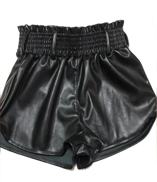 Pantalones cortos de motociclista de piel sintética negros, pantalones cortos de pierna ancha de cintura alta elásticos para mujer, pantalones cortos de cuero sexis informales a la moda para otoño para mujer 219748110