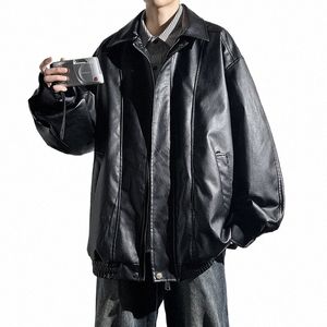 Noir Faux Cuir Zip Up Veste Hommes Automne Vêtements Unisexe Veste Coupe-Vent En Cuir PU Mâle Oversize Coréen Streetwear Manteaux h7Gq #