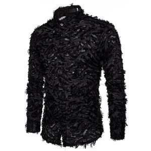 Black Feather Lace Shirt Mannen Mode Zien door Clubwear Jurk Shirts Mens Event Party Prom Transparante Chemise S-3XL