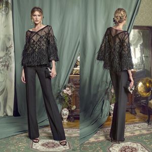 Plume Noire Pantsuits Mère De La Mariée Robes Col En V Manches Longues En Dentelle Robe De Bal En Mousseline De Soie Pantalon Costume Formelle De Mariage Invité Robes