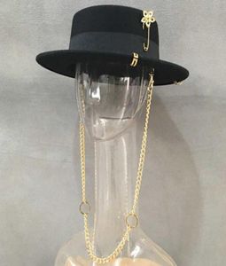 Fedora noir pour femmes feutre or chaîne fleur broche plaisancier chapeau plat porc tarte style large bord chapeau réglable classique chapeau de fête 2101260781