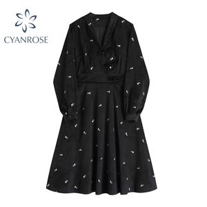 Zwart Flanel Franse Jurk Elegante Vrouwen Vestidos Lente Feestjurken Dames V-hals Lange Mouw Chic Ins Romantische Kleding 210417