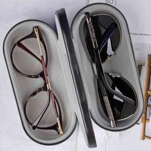 Noir Flip Double Interlayer PU Boîtes Myopie Lunettes De Lecture Lunettes De Soleil Boîte De Rangement Lunettes Cas Avec Miroir