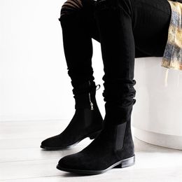 Black Flock Boots Business Handmade Men Shoes Ankle Slip on Fashion Low Heel ac Fashi
