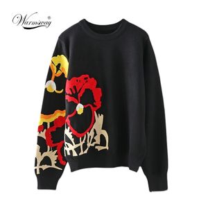 Zwart Floral Embroidery Pullover Dames Boho Lange Mouw O Neck Herfst Winter Jumper Top losse gebreide truien C-010 211221