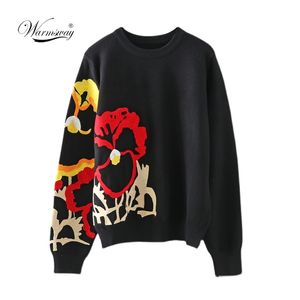 Zwart Floral Embroidery Pullover Vrouwen Boho Lange Mouw O Neck Herfst Winter Jumper Top Losse Gebreide Sweaters C-010 211215