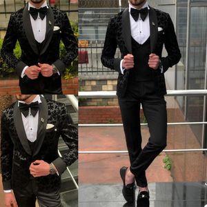 Black Floral Pattern Wedding Tuxedos Slim Fit One Button Tailor Made Men Formele Diner Partij Prom Blazer Suit (Jack + Vest + Pants)