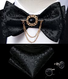 Black Floral Solid Self Tie Bow Tie Men Fashion Butterfly Silk Forma de boda formal Boody Farty Bowtkquerchief Set Dibangu 240418