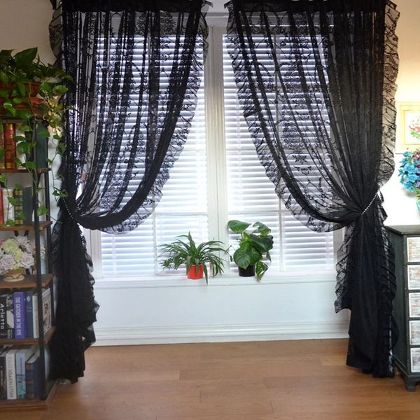 Black Floral Tulle Ruffle Lace Vintage Voile transparent rideaux pour chambre à coucher de fleurs romantiques filtrage de fenêtres rideaux purs personnalisés 240321