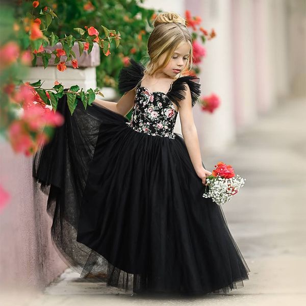 Robes princesse à fleurs noires pour filles, pour mariage, robes de concours plissées, longueur au sol, en Tulle, robe de première Communion