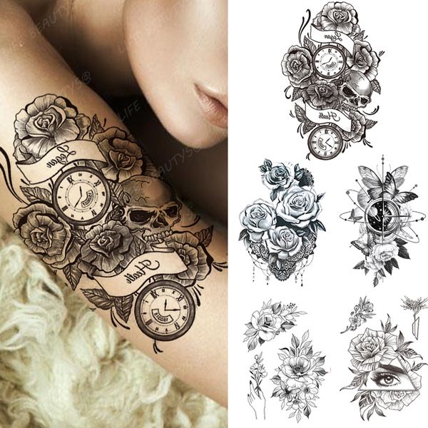 Fleur noire crâne étanche tatouage temporaire femmes beauté main horloge boussole mode faux tatouages bras Art manches autocollant fille