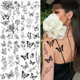 Black Flower Tattoo Sketch Tattoo Sticker Rose Blossom Tattoo Temporary étanche Tatouage pour femme Art Tatoo Sticker 240425