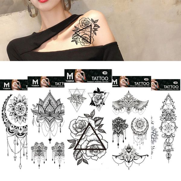 Fleur noire autocollant de tatouage temporaire étanche beauté dentelle chat femmes 3D fleur filles corps bras Art Tatoo