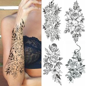 Fleur noire tatouages temporaires autocollant bras manches Rose lune papillon serpent henné corps décorer réaliste faux 3D femmes Totem