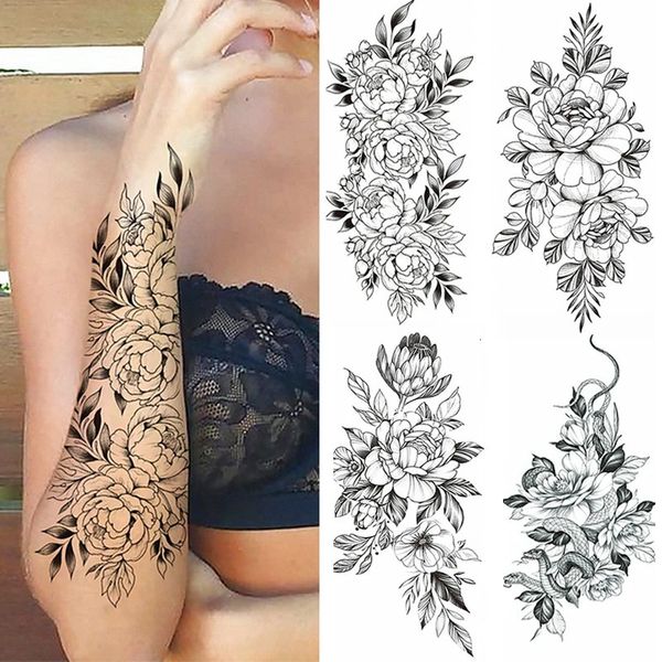 Flor negra tatuajes temporales de tatuaje manga del brazo de la luna rosa mariposa serpiente henna cuerpo decorar realistas falsas 3d mujeres tótem 240418