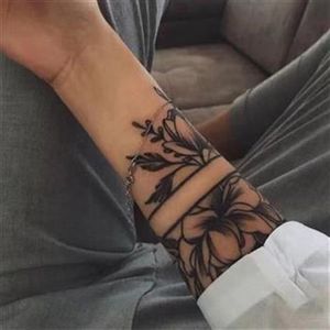 Autocollants de tatouage temporaire de taille de fleur noire pour les femmes, faux tatouages d'art corporel, décalcomanies imperméables foncées