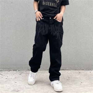 Zwart voor heren en dames China-chique High Street Amerikaanse borduurletters Hoge taille rechte hiphop losse jeans