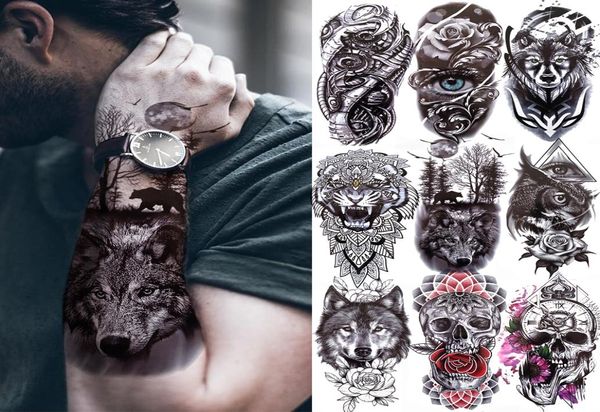 Pegatina de tatuaje de Selva Negra para hombres, mujeres y niños, Tigre, Lobo, calavera de la muerte, tatuaje temporal, esqueleto falso, rey, Animal, tatuaje 8466157